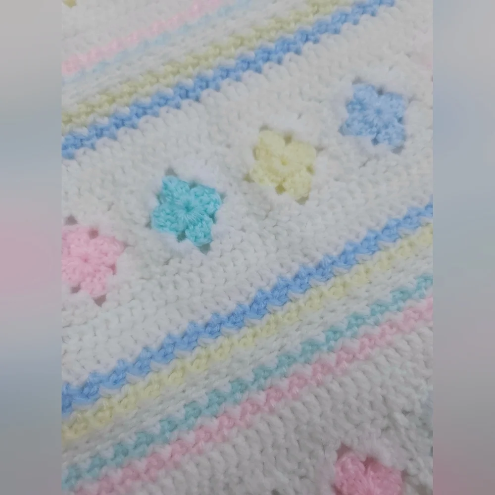 Handmade White And Pastel Pink Blue Yellow 30x33 Inch Crib Baby Blanket
